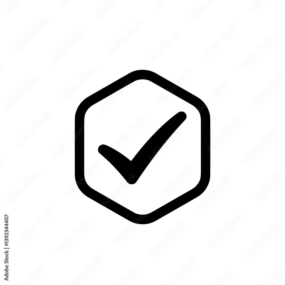 Poster minimalistic black-and-white checkmark icon inside hexagonal shape for approval and confirmation con