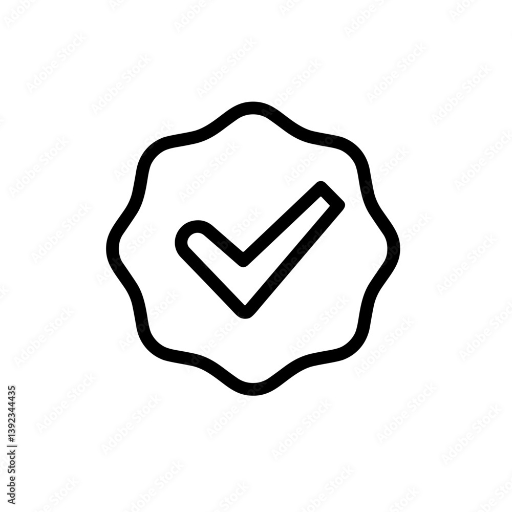 Poster minimalistic bold black-and-white checkmark badge illustration in clean vector style for approval co