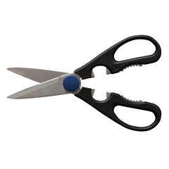 A pair of scissors with a black handle and stainless steel blades, used for cutting various materials.