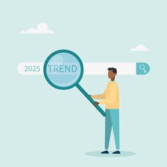 Character using magnifying glass to discover website. Researching 2025 trends, vision of new business or career opportunity. Vector illustration.
