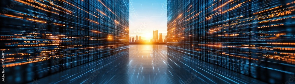 Poster digital abstract of a futuristic cityscape with data streams and sky