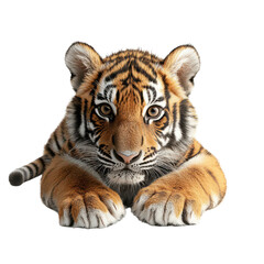 Fototapeta premium Tiger lying down looking at the camera png tiger lying down png big cat png resting tiger png animal relaxation png isolated tiger png transparent background image