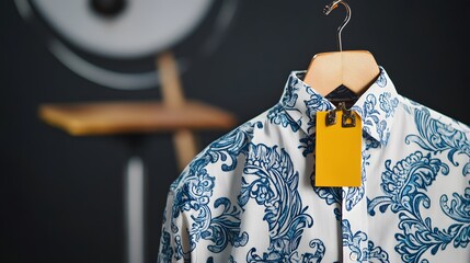 A plain yellow label tag attached to a typical Indonesian batik shirt. for branding logo mockup or presentation