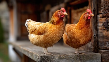 Two hens on wooden perch by coop