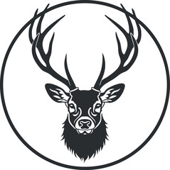 Naklejka premium Black and white silhouette illustration of a stag with antlers inside a circular emblem.