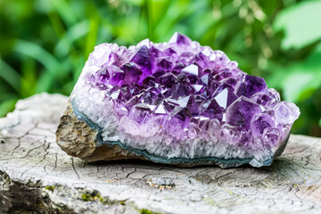 Fototapeta premium Large purple crystal sits on a wooden surface