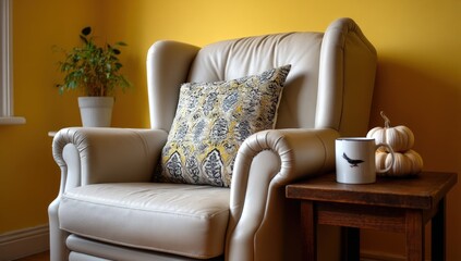 Cozy armchair with autumn decor in a sunlit room, ideal for relaxation