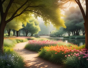 charming country road lined with colorful blossoms