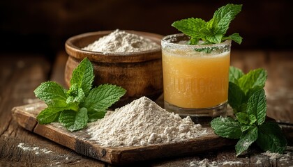 A rustic setup of sattu flour, a glass of prepared drink, and fresh mint leaves on a wooden background.