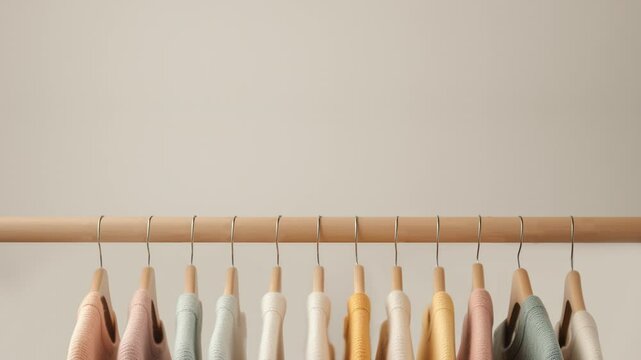 A row of colorful sweaters hangs neatly on a rack, showcasing a variety of warm tones against a neutral background. Loop video.
