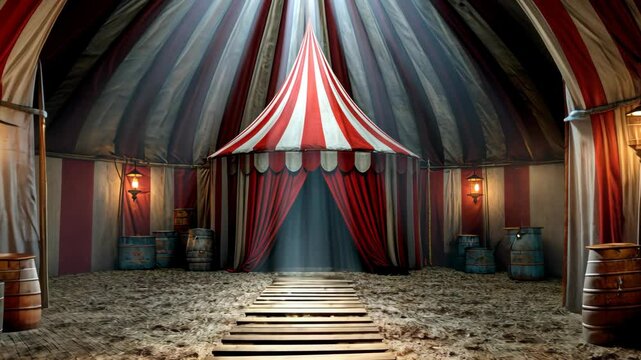 Detailed interior of a vintage circus tent with red and white stripes, lit pathway, and rustic barrels under the hanging lamps.