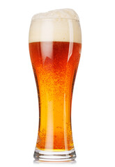 A glass of amber beer with frothy head, isolated on a clean white background