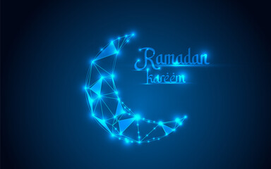 Polygonal Crescent Moon Vector | Ramadan Kareem Mubarak Eid Theme | Abstract Low Poly Wireframe Moon | Starry Night Sky Universe Illustration