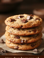 Delicious stacked chocolate chip cookies.