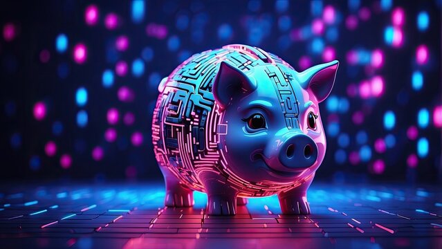 A glowing, digital-style piggy bank with binary code patterns on its surface