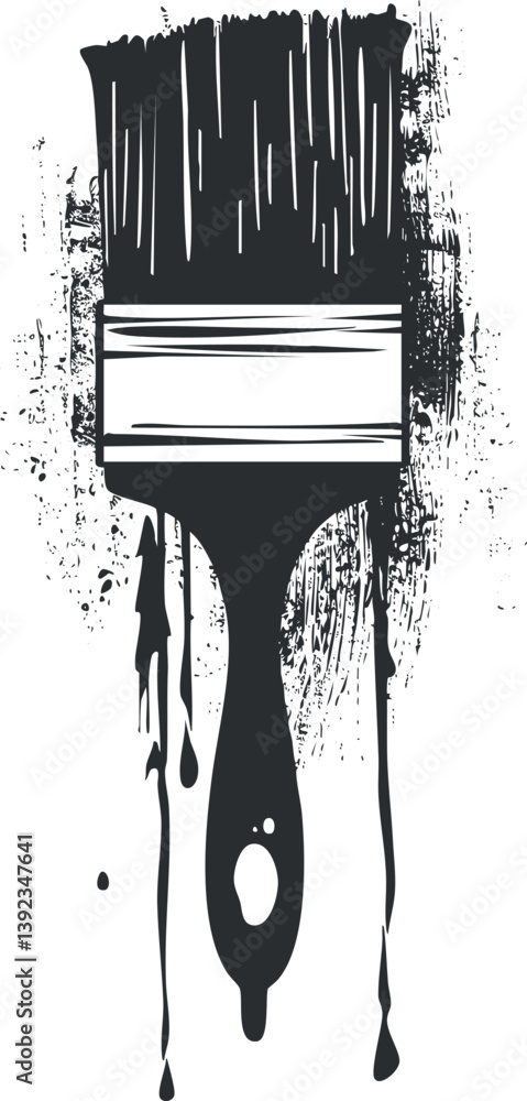 Poster monochrome silhouette of a paintbrush with dripping ink and splatter, creating an abstract design.