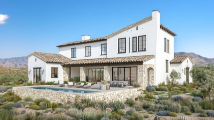 A large luxury residence with a pool and desert landscape