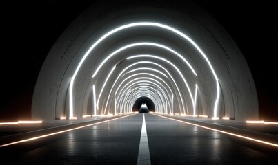 Futuristic tunnel road with glowing arches, ideal for transport backgrounds