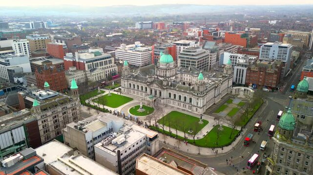 Rotating aerial of Belfast City Hall on a bright Spring day. Filmed in 4K, 30 frames per second and in Rec709 color.