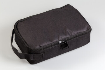 Black small textile soft bag with zippers and strap handle
