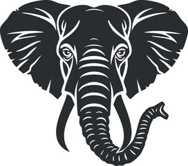 Black and white stylized elephant illustration with prominent ears and trunk in vector format.