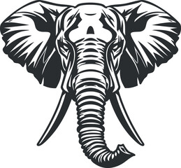 Obraz premium Black and white illustration of an elephant head with detailed ears and trunk design.