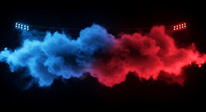 Clash Of Titans Crimson And Azure Neon Night Illuminated Mist Dueling Lights A Rivalry In Smoke Spectral Showdown Glowing Divide Binary Haze Under Stadium Lights Rival Colors Darkness Illuminated
