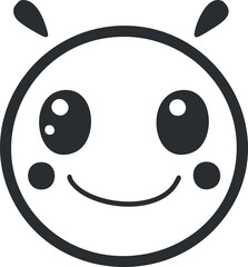 Fototapeta premium Black and white cartoon smiley face emoji with cute expression and antennae-like features.