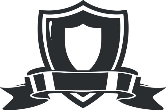 Monochrome shield emblem with ribbon banner, suitable for logos and graphic designs.