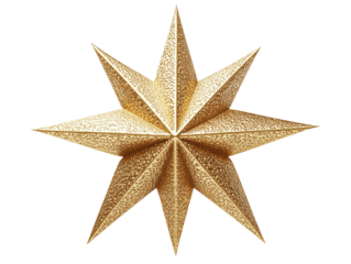 A textured, eight-pointed gold star with a detailed surface is isolated against a transparent background.