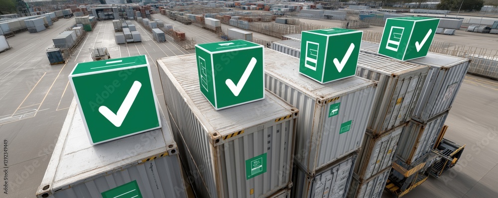 Poster aerial view of shipping containers stacked in a port, featuring green check-mark boxes indicating su