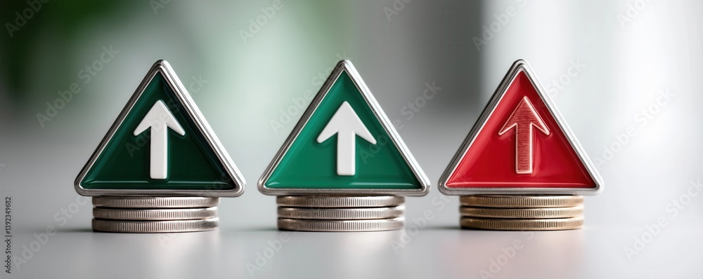 Poster three triangular indicators symbolize growth and decline, positioned on coin stacks, representing bu