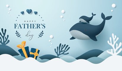 Father's day banner with whales against a blue background.