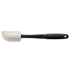 A kitchen spatula with a white silicone head and a black handle, designed for cooking and baking.