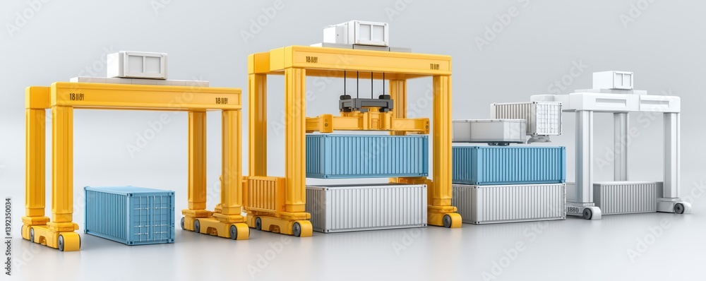 Poster the image features several container cranes in various colors, designed for transporting shipping co
