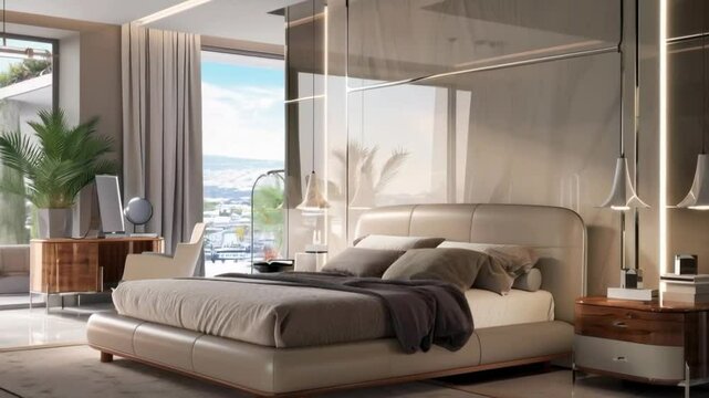 Modern bedroom interior with large windows and stylish furniture, great for interior design presentations or furniture advertising.
