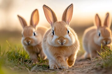 Obraz premium Three adorable rabbits running on grass at sunset