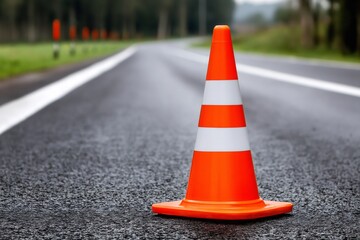 Orange traffic cone standing on asphalt road leading to forest
