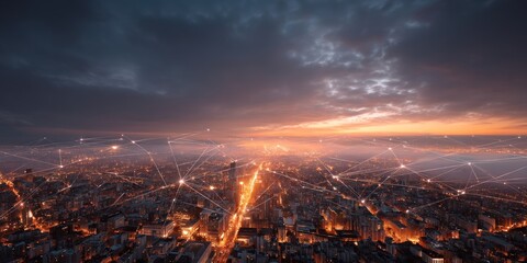 Cityscape at sunset with network connections, ideal for technology and connectivity themes