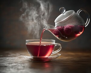 A minimalist aesthetic with a clear glass teapot pouring deep red raspberry tea into an elegant cup, steam rising softly.