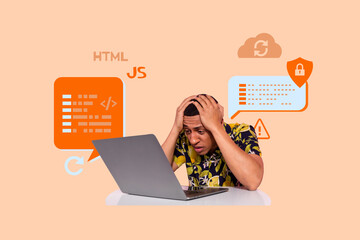 Creative full art collage of shocked businessman hold laptop freelance problem decoding hacker html...