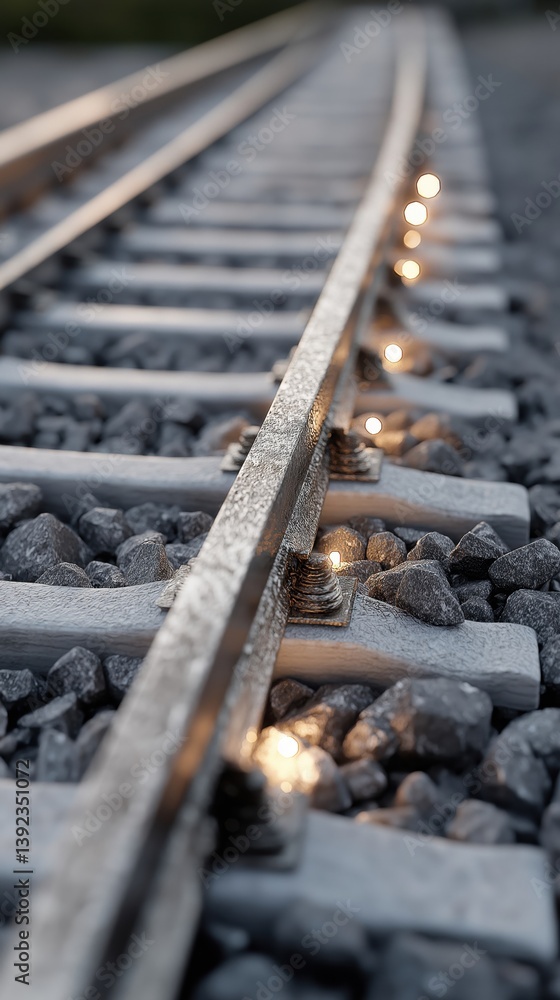 Aufkleber a close-up view of illuminated railway tracks, highlighting the texture of the rails and gravel in a