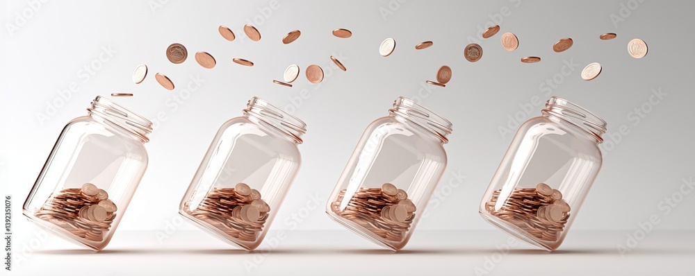 Poster four transparent jars filled with coins, with coins appearing to float above them, creating a sense 