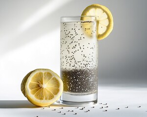A minimalistic composition featuring a tall glass of chia seed lemonade on a white background, with chia seeds artistically scattered.