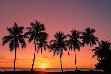 Silhouette of palm trees at sunset. Silhouette palm tree at tropical beach.