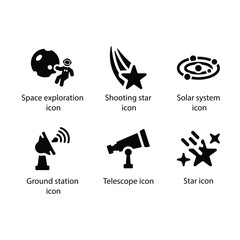 Fototapeta premium Space exploration, Shooting star, Solar system, Ground station, Telescope, Star, Black Icon Set