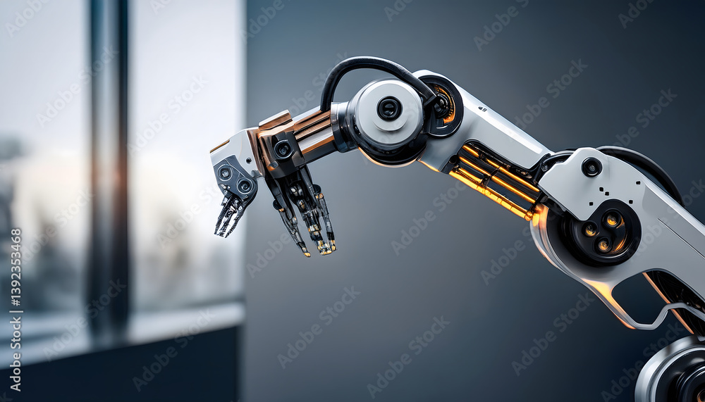 Aufkleber robotic arm with intricate mechanical design, set against a modern interior backdrop, symbolizing te
