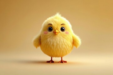 there is a small yellow bird with big eyes standing on a beige surface