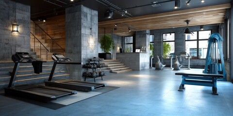 Modern gym with equipment, concrete and wood interior, city view