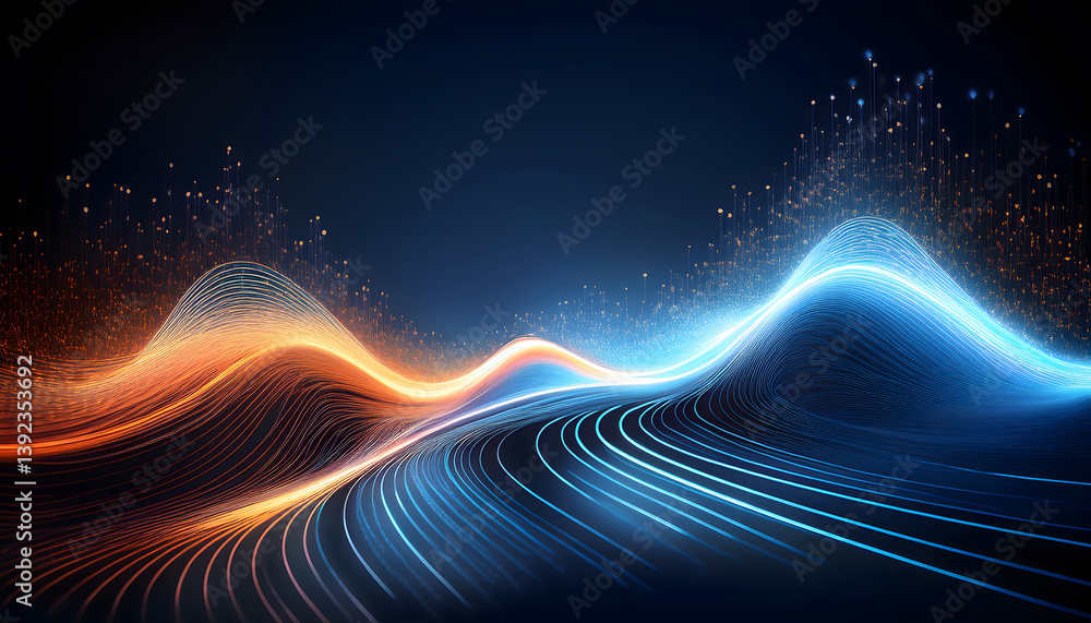 Poster Abstract digital waves in vibrant colors create a dynamic visual representation of energy and motion against a dark background